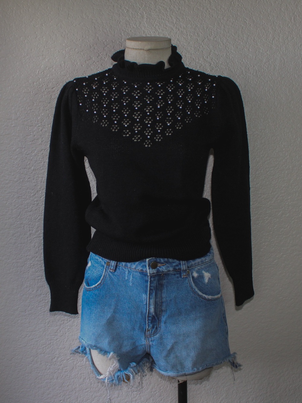 Vintage 80s Jason Maxwell Mock Neck Sweater with Cutouts and Beading
